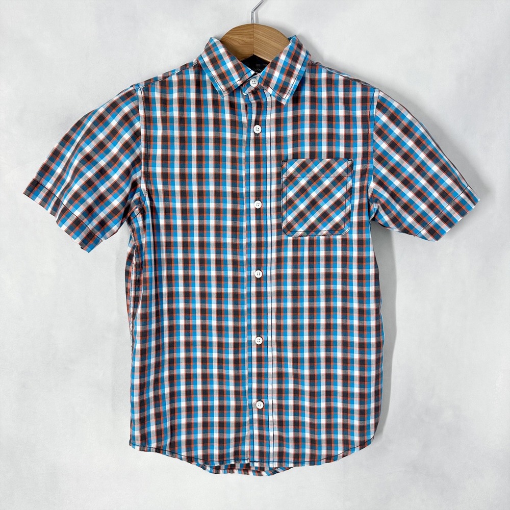 Tony Hawk Cotton Short Sleeve Plaid Blue Button Down Shirt Kids Size Medium